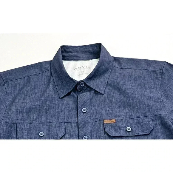 Orvis Size Medium Men's Charcoal Blue Pocket Logo Short Sleeve Polyester Shirt - Picture 5 of 12